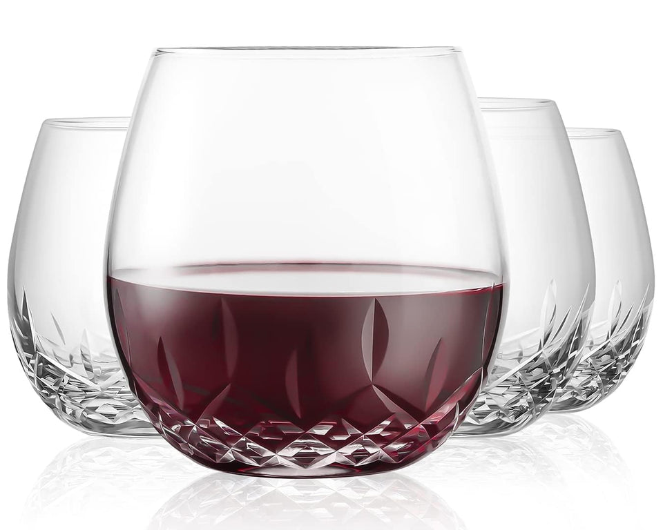 SHOSHIN hand cut stemless wine glasses closeup highlights intricate facets for everyday elegance.
