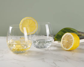 SHOSHIN party-ready stemless glasses elevate entertaining with sophisticated sparkle.