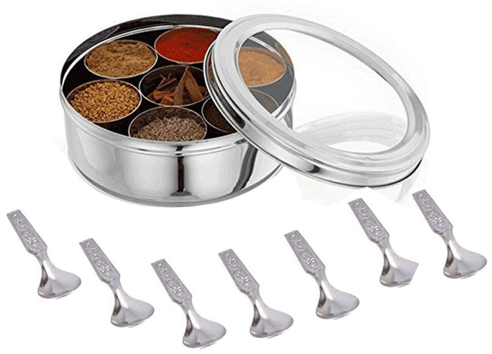 Shourya Trading stainless steel spice box with seven containers for organized cooking.