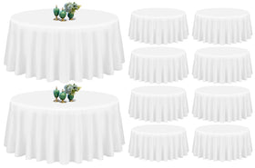 Showgeous ten-pack white round tablecloths displayed on a dining table