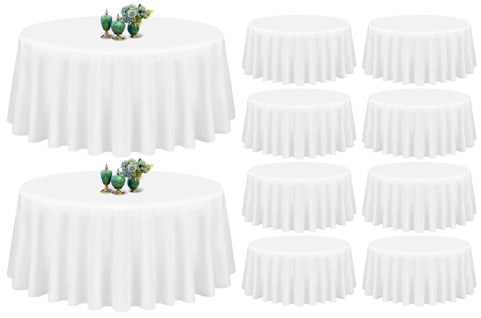 Showgeous ten-pack white round tablecloths displayed on a dining table