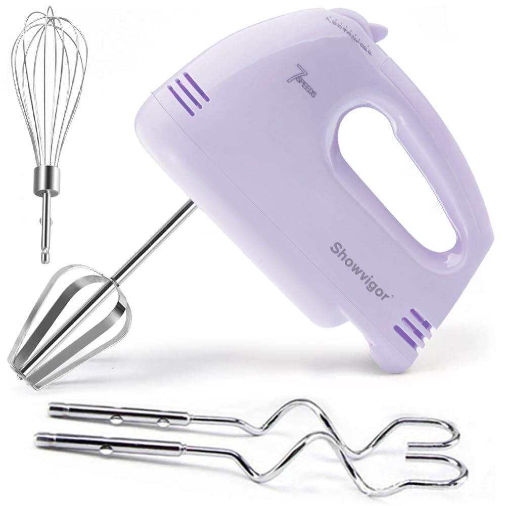 Showvigor handmixer attachments layout shows five stainless steel pieces for versatile baking tasks.