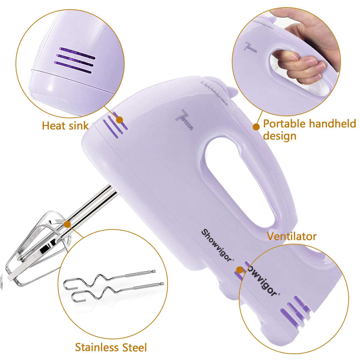 Showvigor handmixer beaters and dough hooks in use for creamy batter and dough kneading.