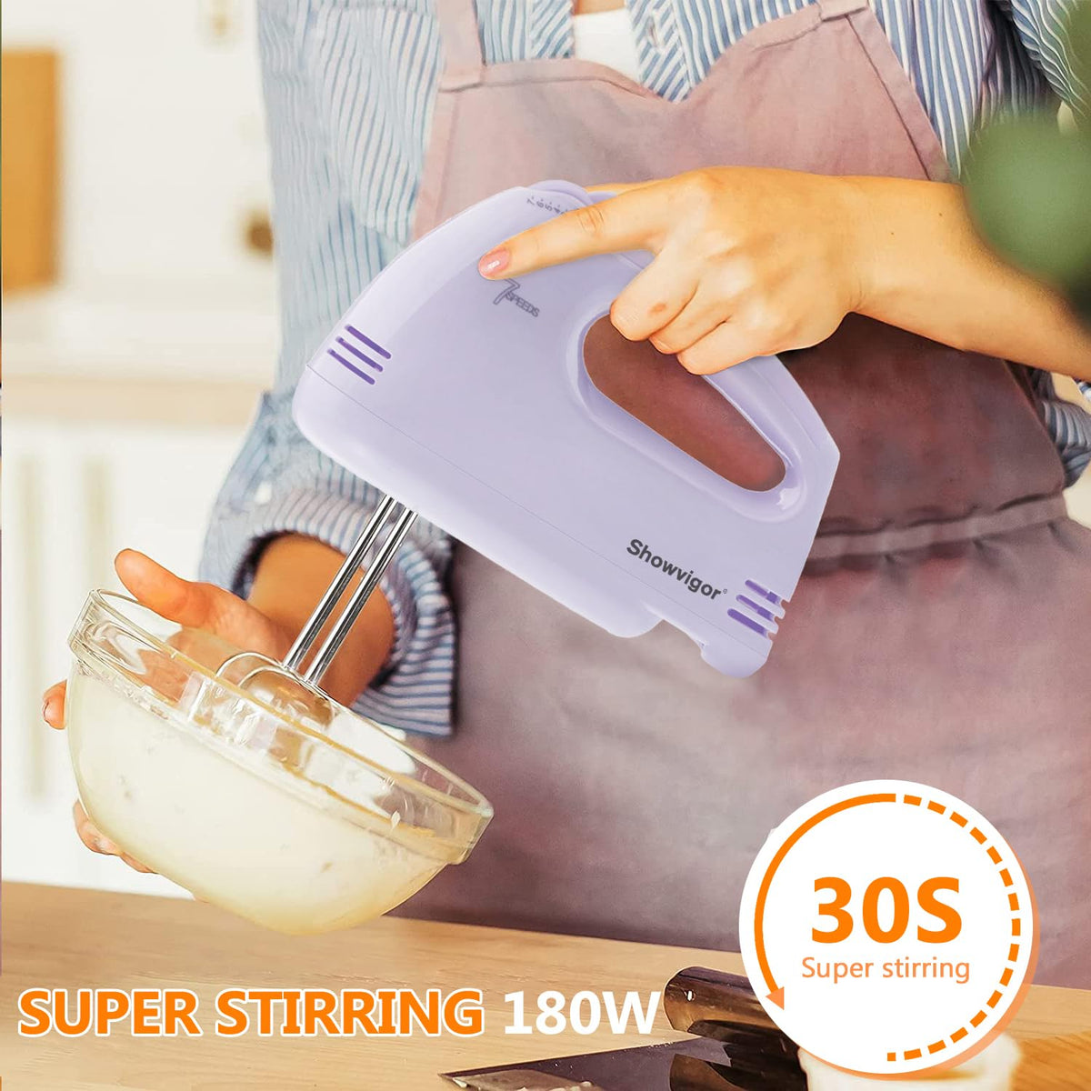 Showvigor handmixer ejector button enables quick accessory swap after zero speed.