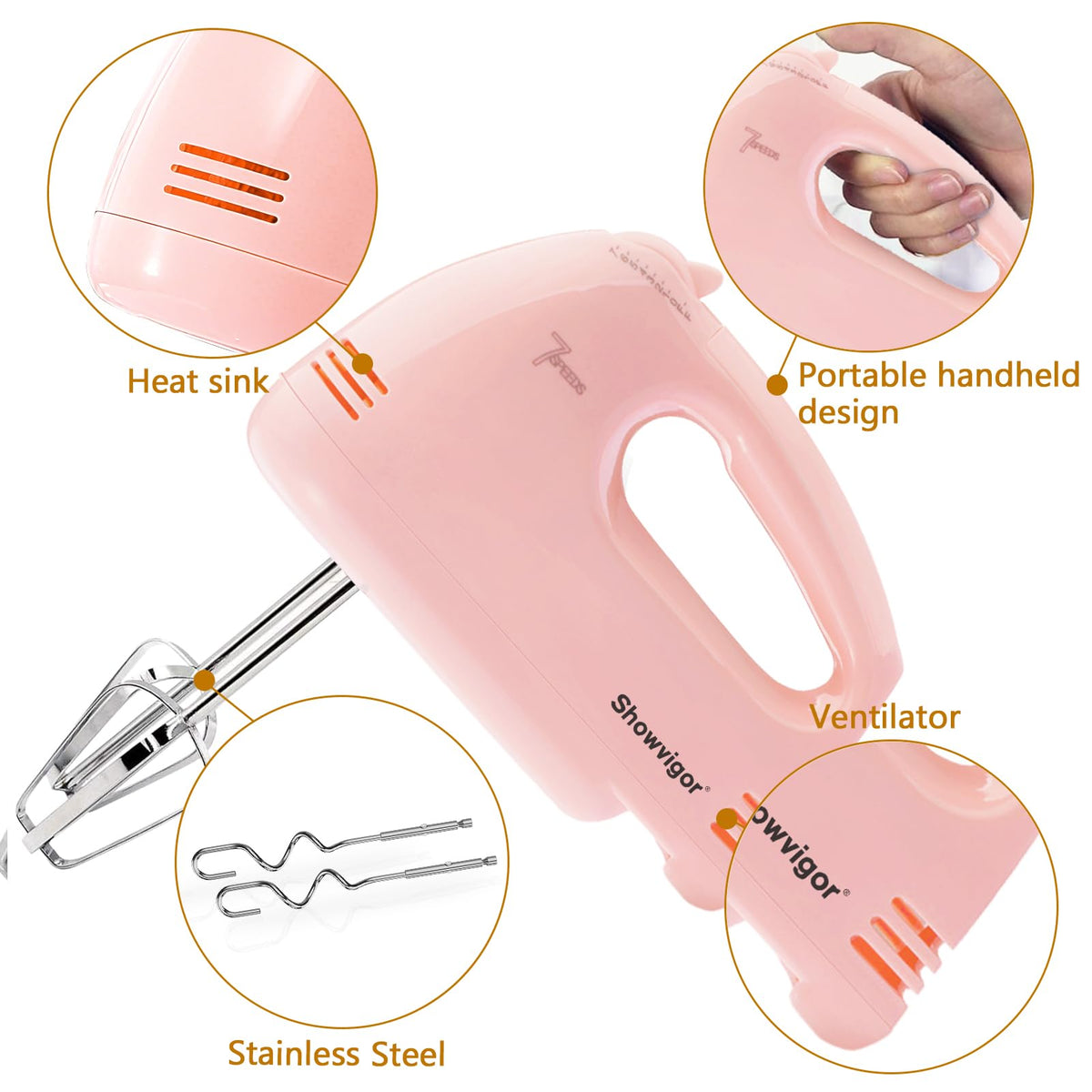 Showvigor Handmixer stainless steel attachments for whisking and kneading