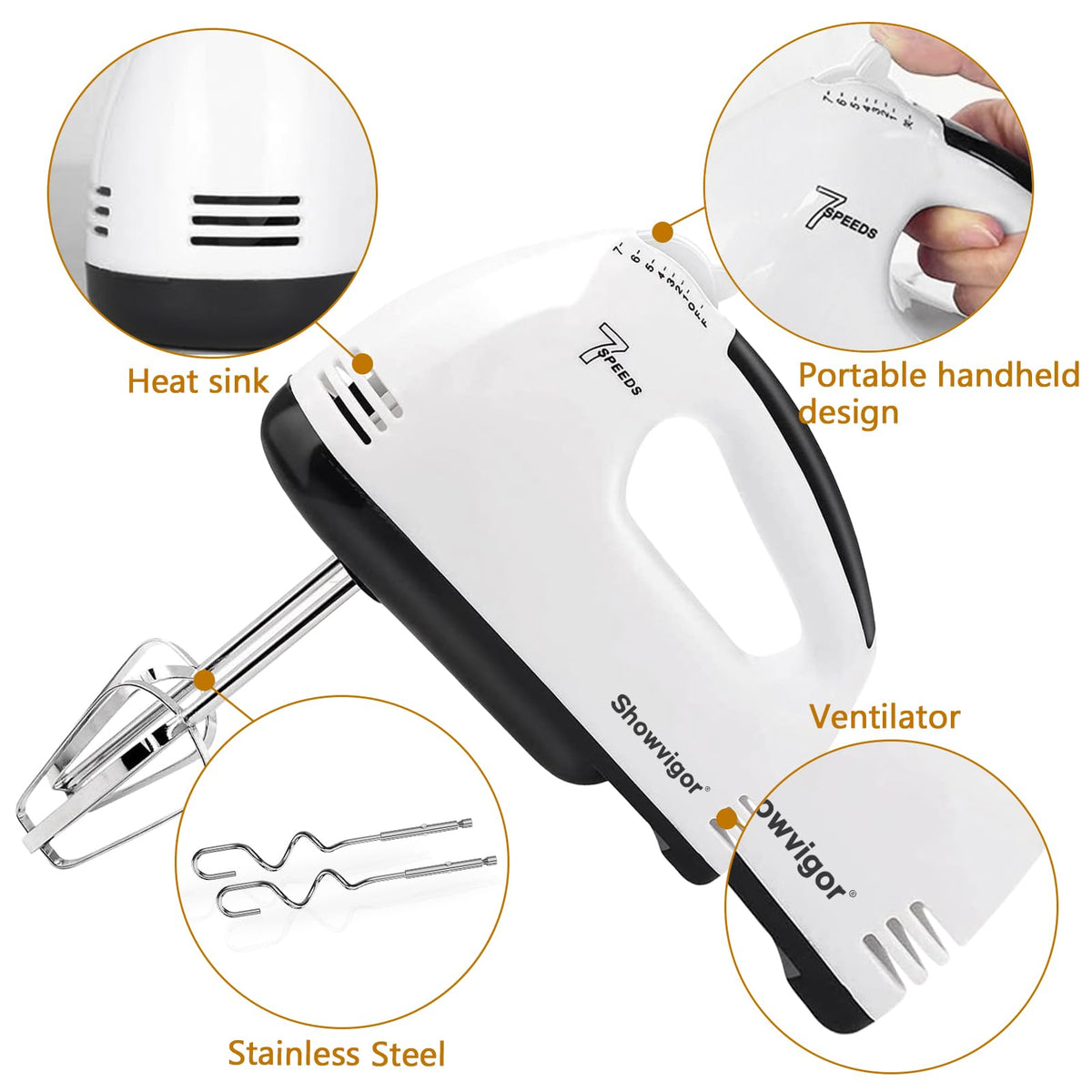 Showvigor stainless steel beaters withstand use and are dishwasher safe