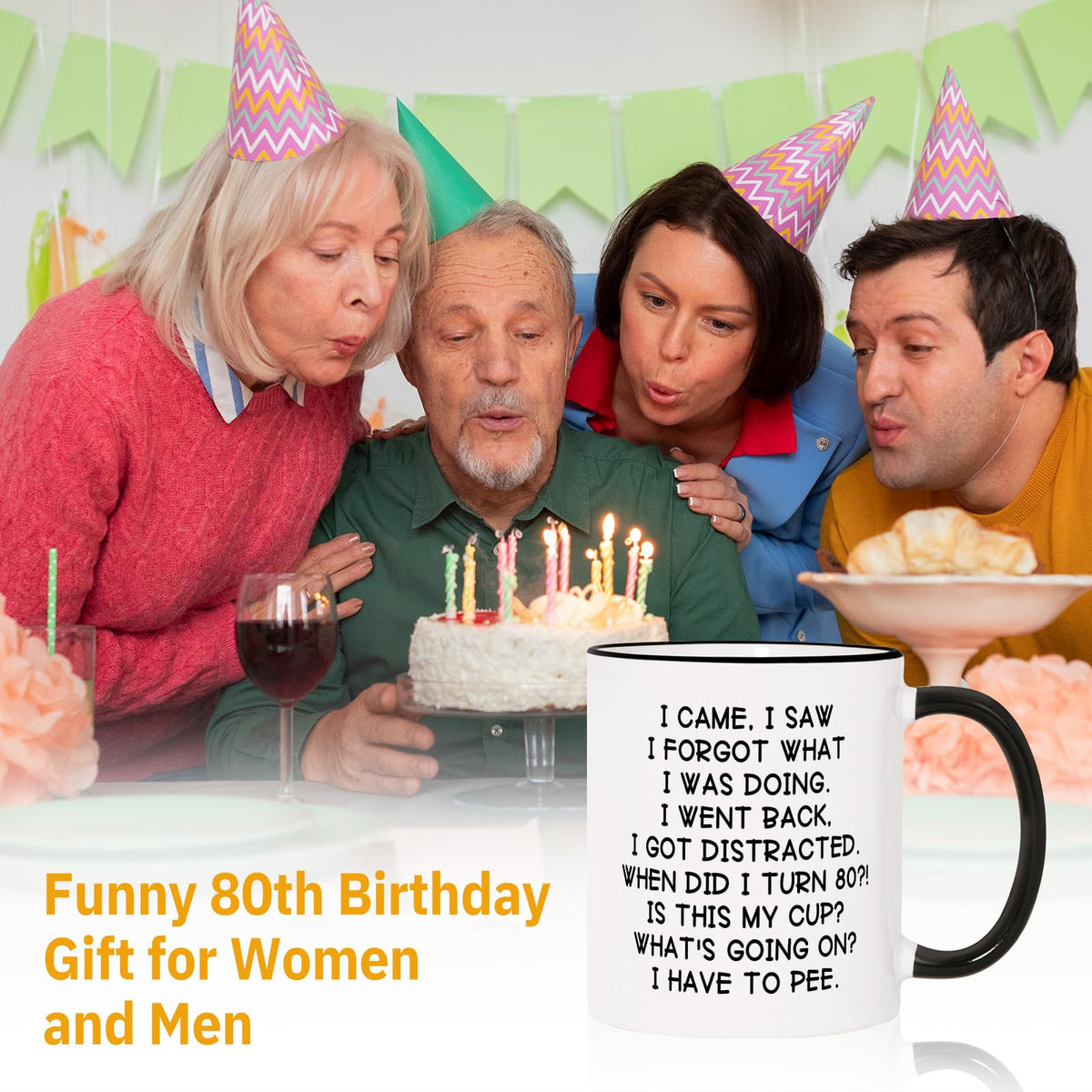 Shqiueos mug features a humorous line about turning 80 for a lighthearted celebration