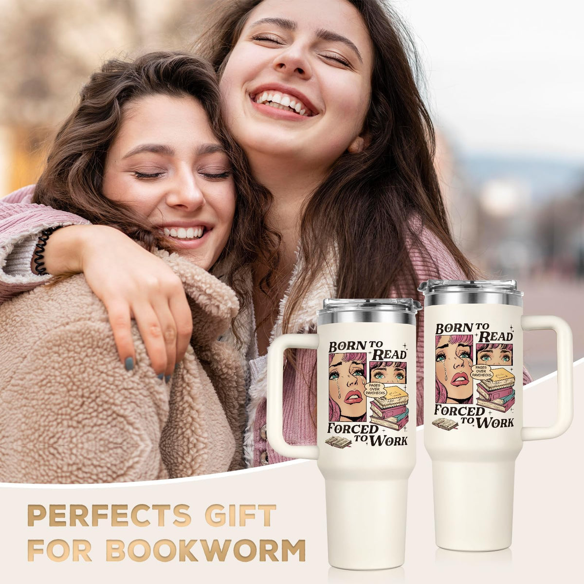 Shqiueos bookish gift 40oz tumbler with lid, keeps drinks at the right temperature.