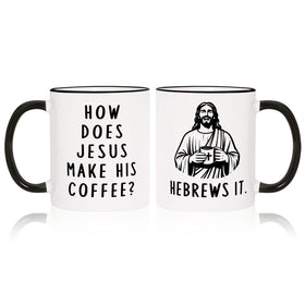 Shqiueos Jesus He Brews It mug front view with faith-inspired message for daily inspiration.