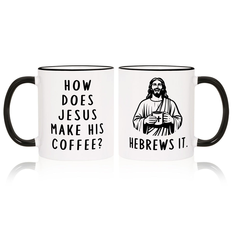Shqiueos Jesus He Brews It mug front view with faith-inspired message for daily inspiration.