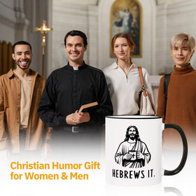 Shqiueos Jesus He Brews It mug held to show comfortable grip.