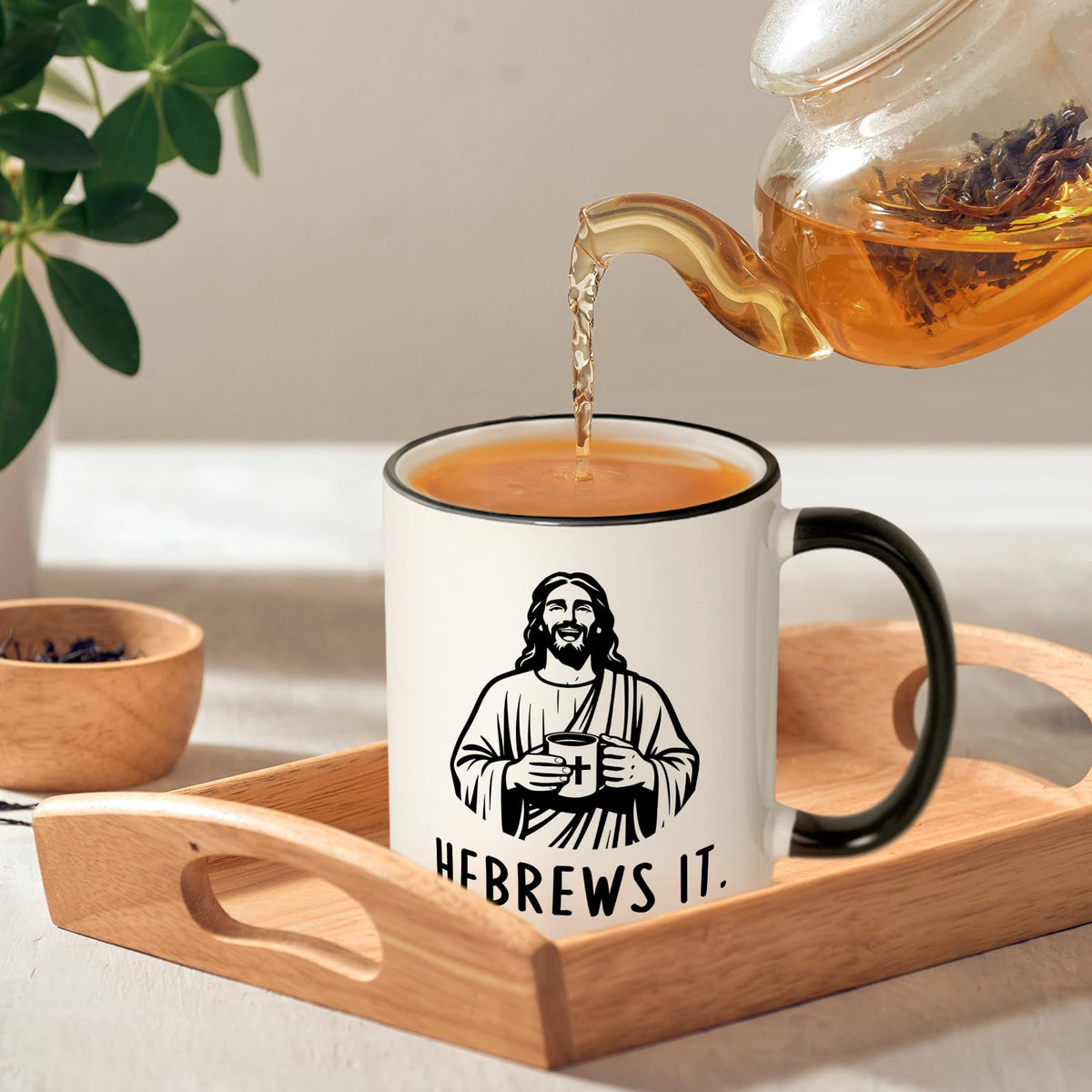 Shqiueos Jesus He Brews It microwave-safe mug for quick reheats.