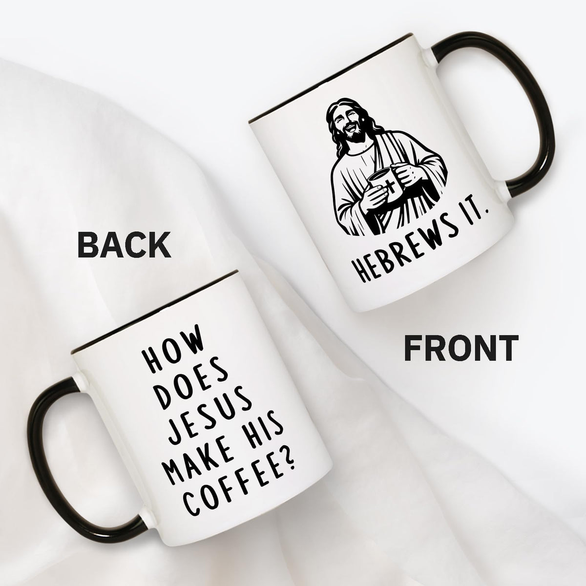 Shqiueos Jesus He Brews It mug close-up of the humorous quote for coffee lovers.