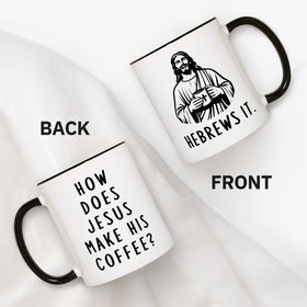 Shqiueos Jesus He Brews It mug close-up of the humorous quote for coffee lovers.