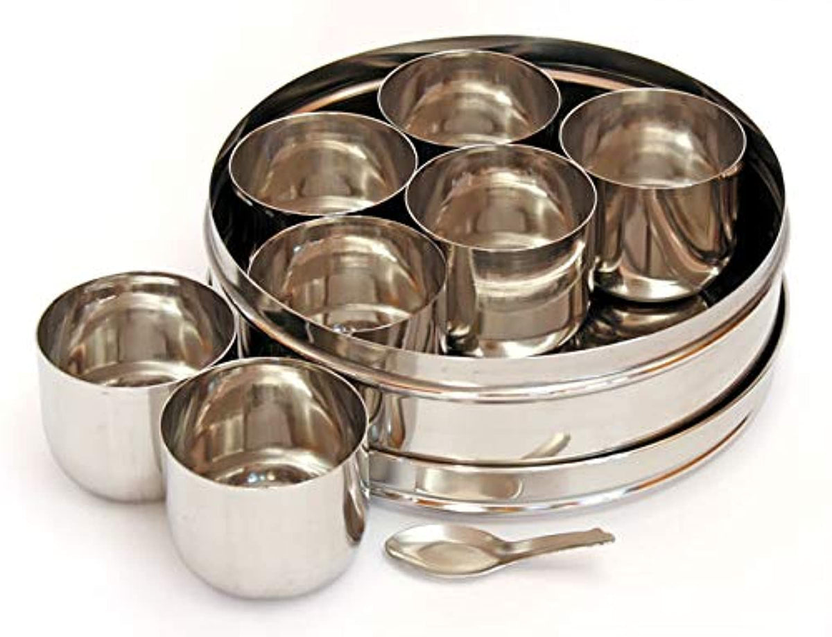 Shradha Trading stainless steel masala box with lid, sturdy 8x8x3 inch storage for spices