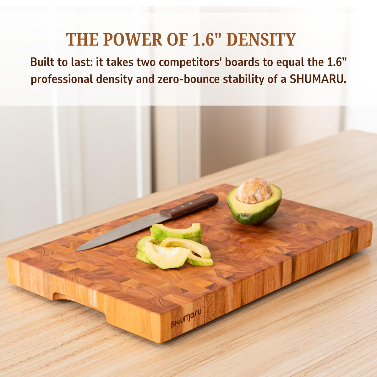 SHUMARU end-grain knife-friendly construction protects blades during chopping
