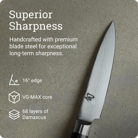Offset bolster on Shun Classic paring knife protects knuckles