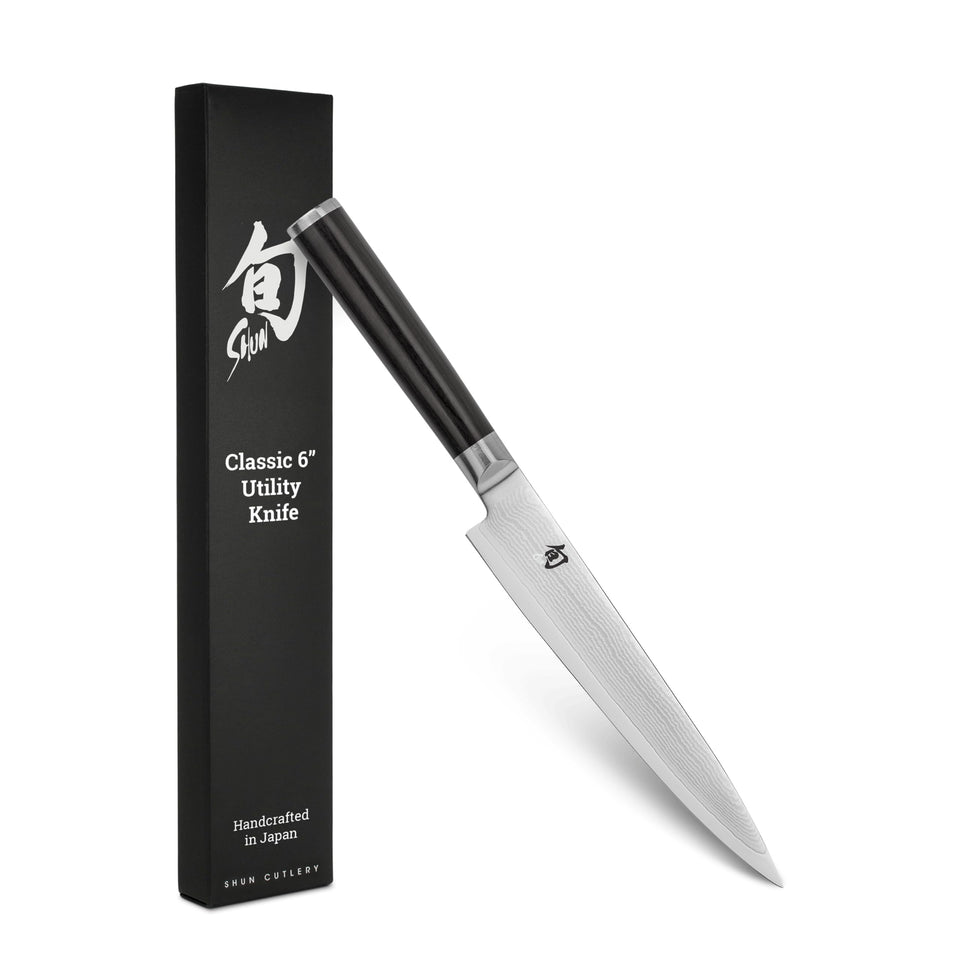 Shun Classic 6-inch Utility Knife blade detail for precise cuts.