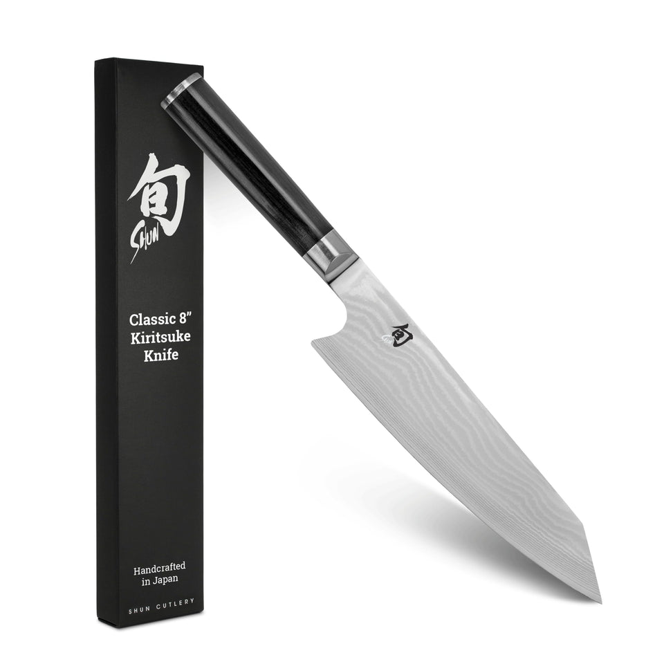 Shun Classic 8-inch Kiritsuke blade close-up with VG-MAX core for precise slicing.