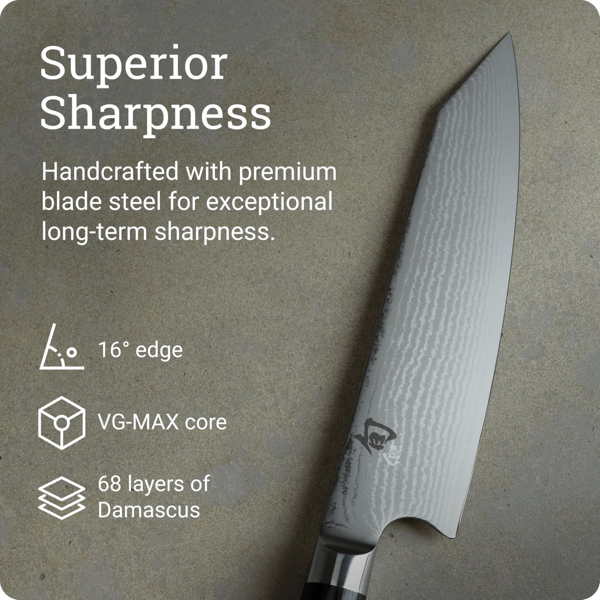 Shun Kiritsuke close-up reveals Damascus texture and lasting sharpness.