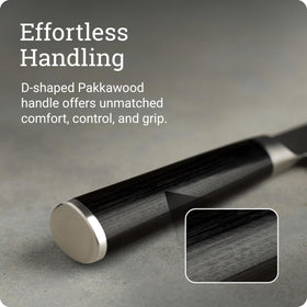 D-shaped Pakkawood handle provides a comfortable grip for both hands.