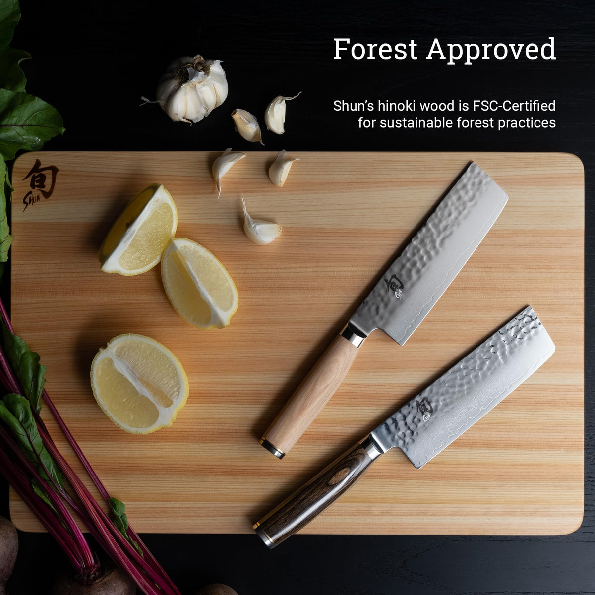 Shun Hinoki cutting board care and cleaning guidance in use