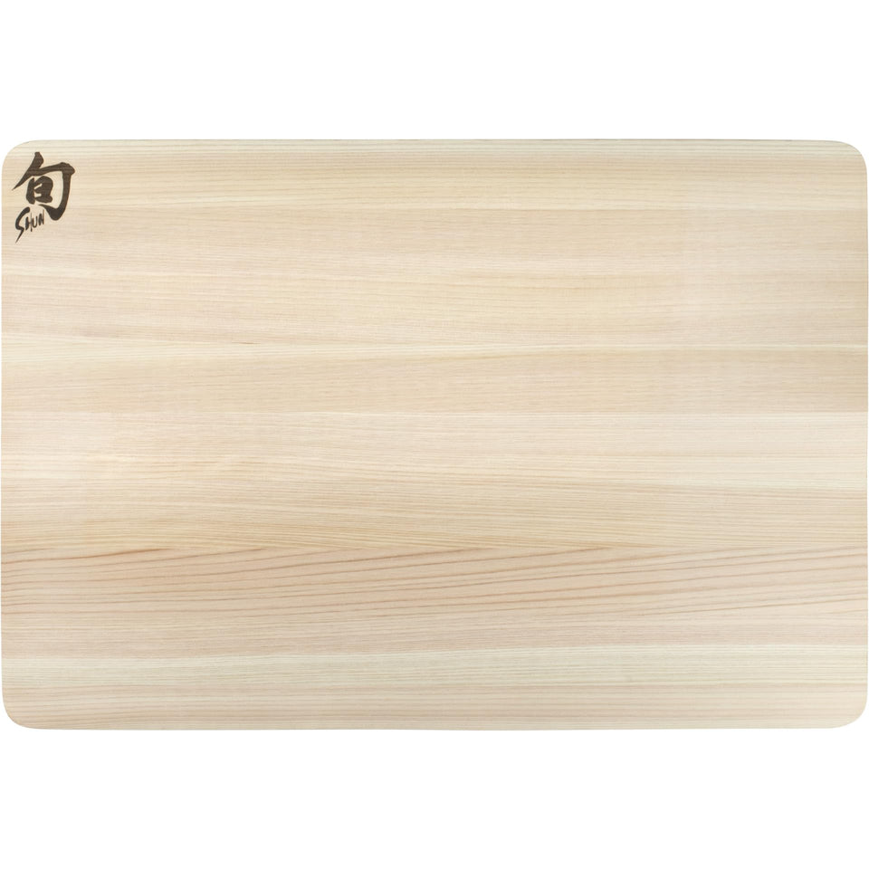 Shun Hinoki cutting board top view showing generous medium surface for prep tasks