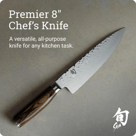 Shun Premier hammered tsuchime finish reduces drag and sticking.