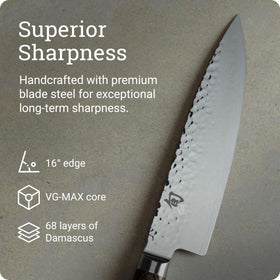 Shun Premier VG-MAX with 68 Damascus layers for durability.