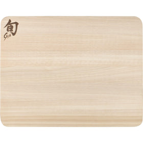 Shun Small Hinoki Cutting Board top view highlights compact size and wood grain.
