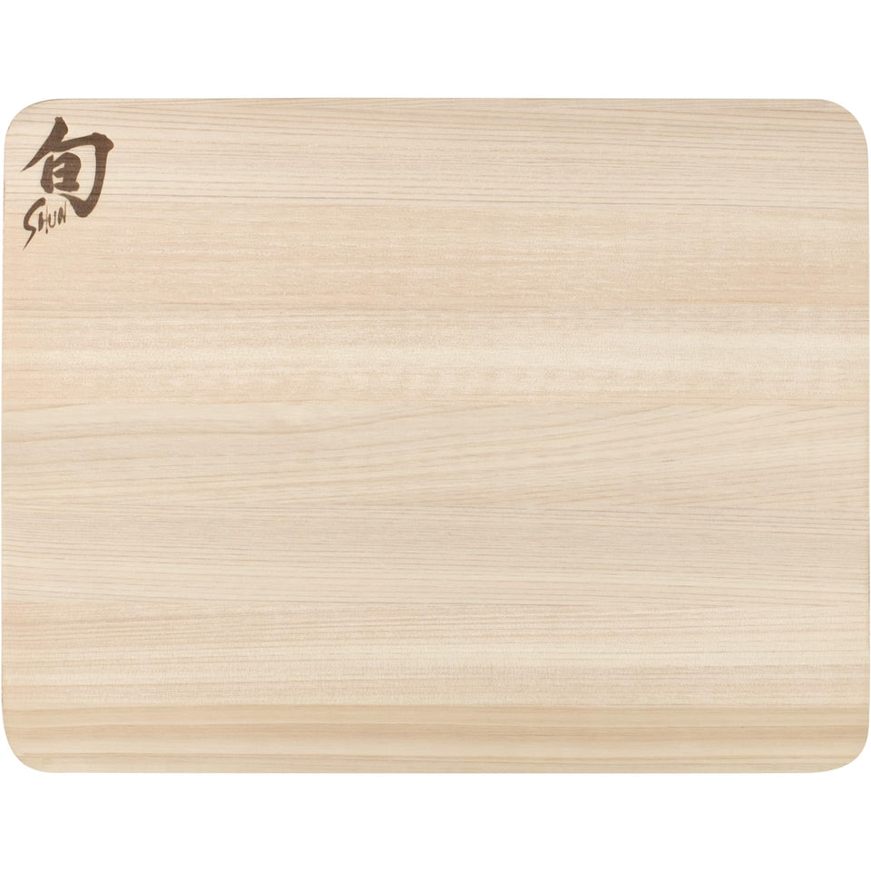 Shun Small Hinoki Cutting Board top view highlights compact size and wood grain.