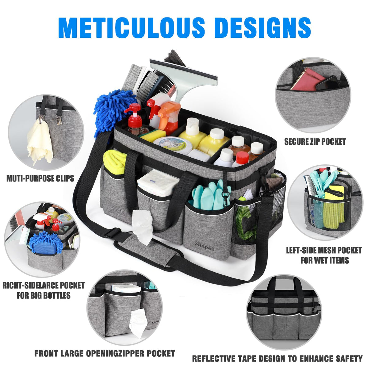 Shupaii cleaning caddy with detachable shoulder strap for easy wear during tasks.