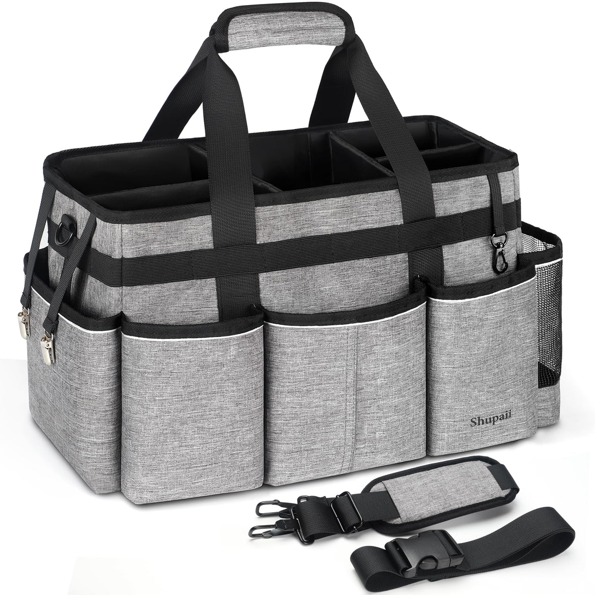 Shupaii wearable cleaning caddy bag in full setup for cleaners and housekeepers.