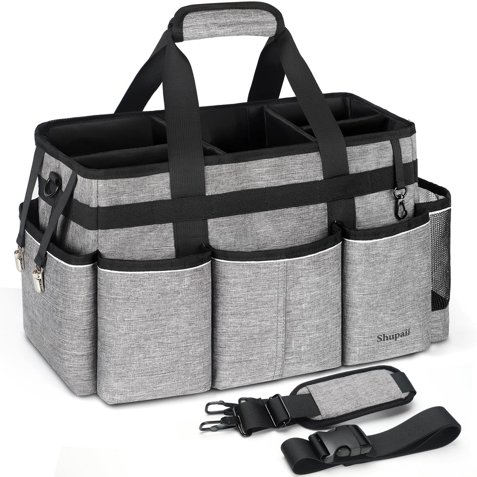 Shupaii wearable cleaning caddy bag in full setup for cleaners and housekeepers.