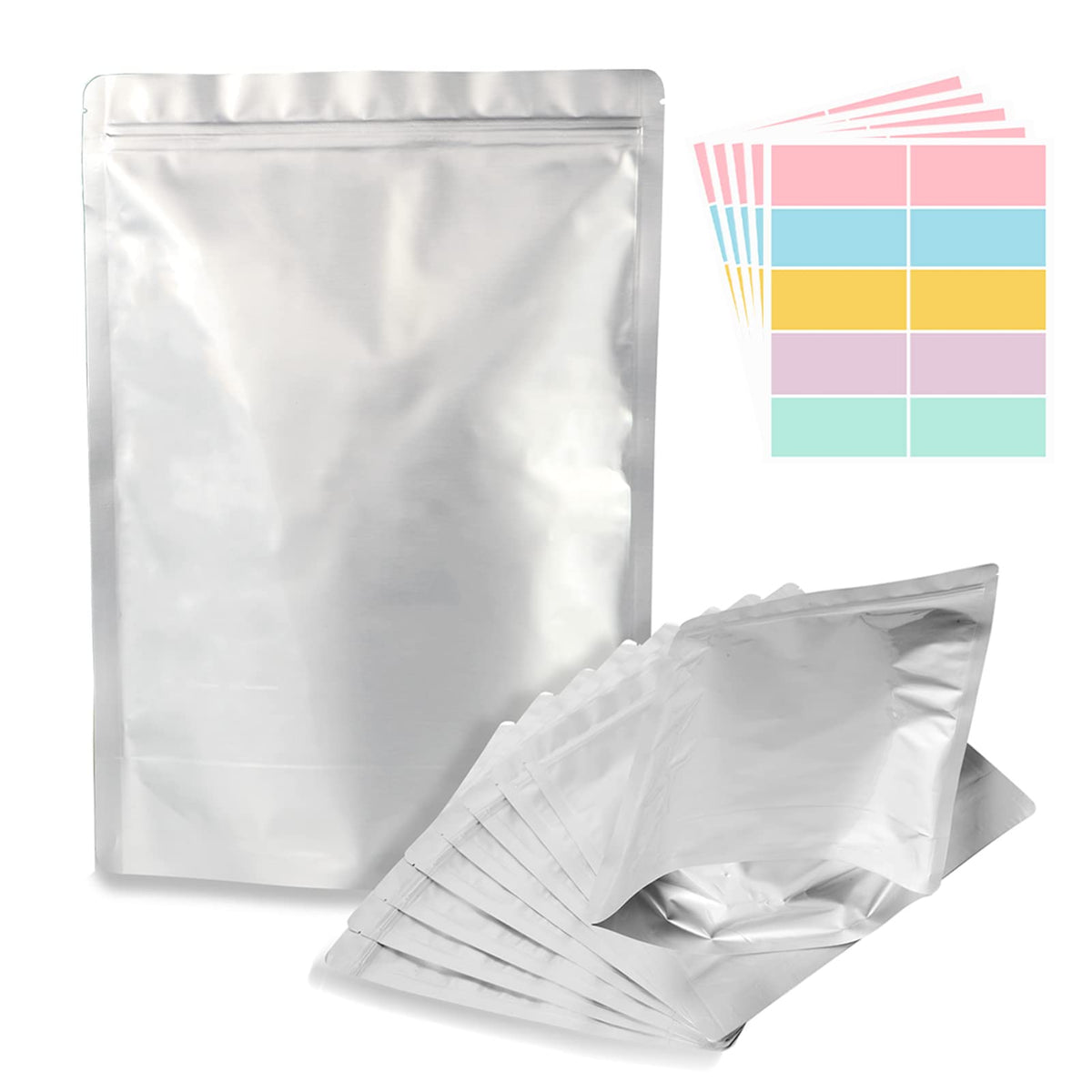SHXWELL 50pcs 1-gallon stand-up pouches protect pantry staples from light and moisture.