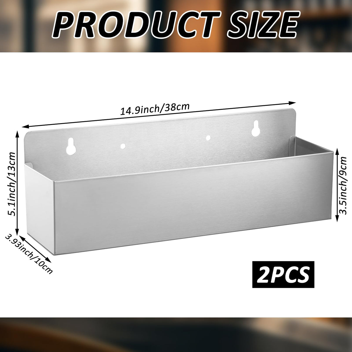 Sibosen 2-pack 15-inch rail bottle holder, front view, adds classic stainless bar appeal.