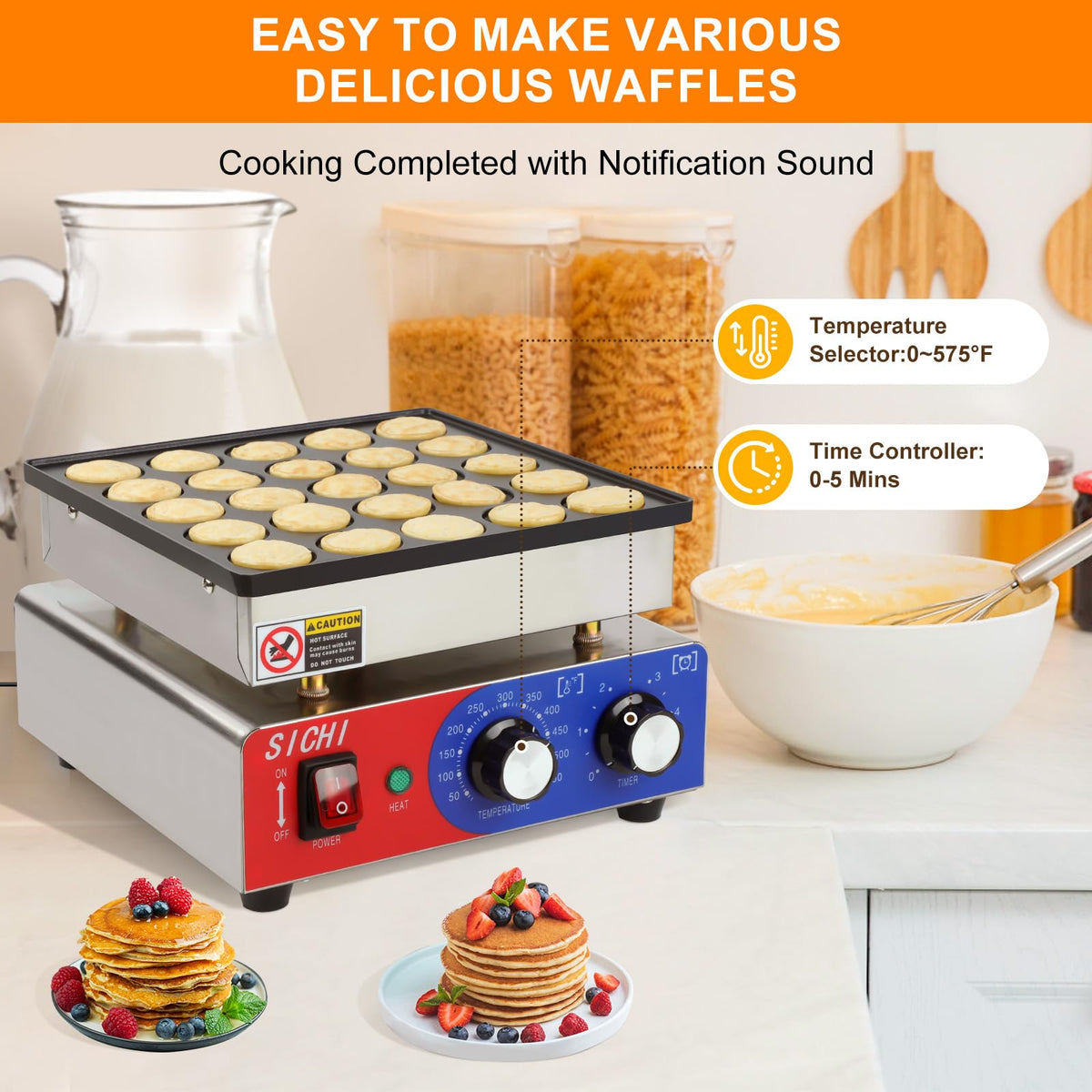 SICHI mini pancake maker control panel demonstrates precise temperature and timer control.
