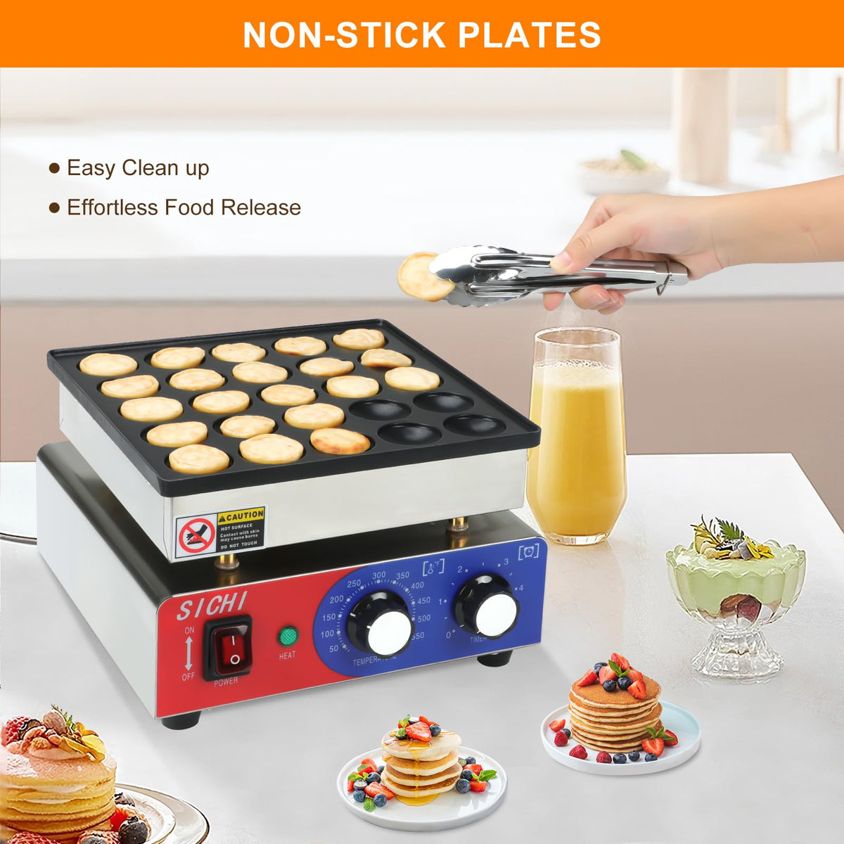 SICHI mini pancake maker nonstick plate enables easy release and quick cleanup.