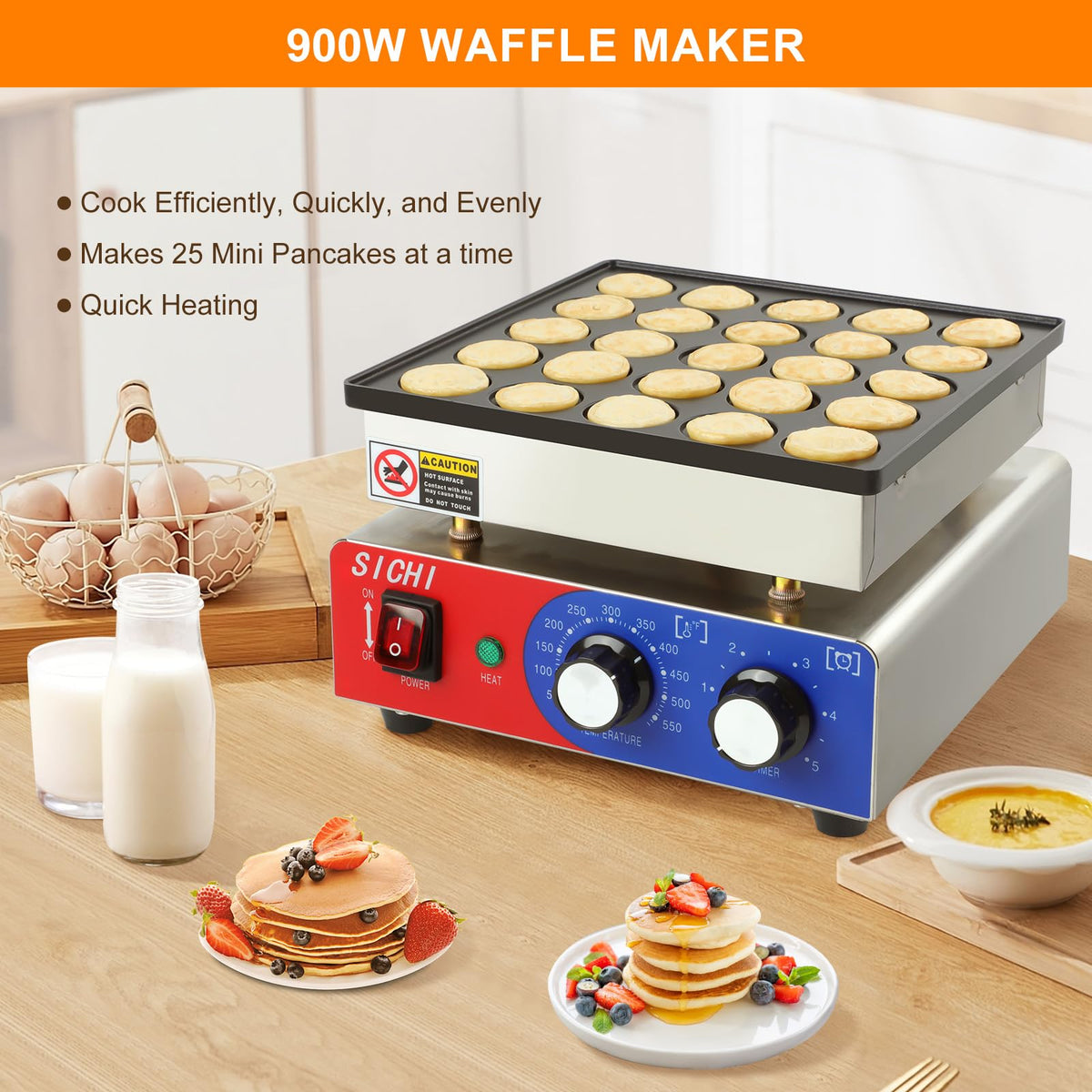 SICHI mini pancake maker top view highlights 25-pancake capacity per batch.