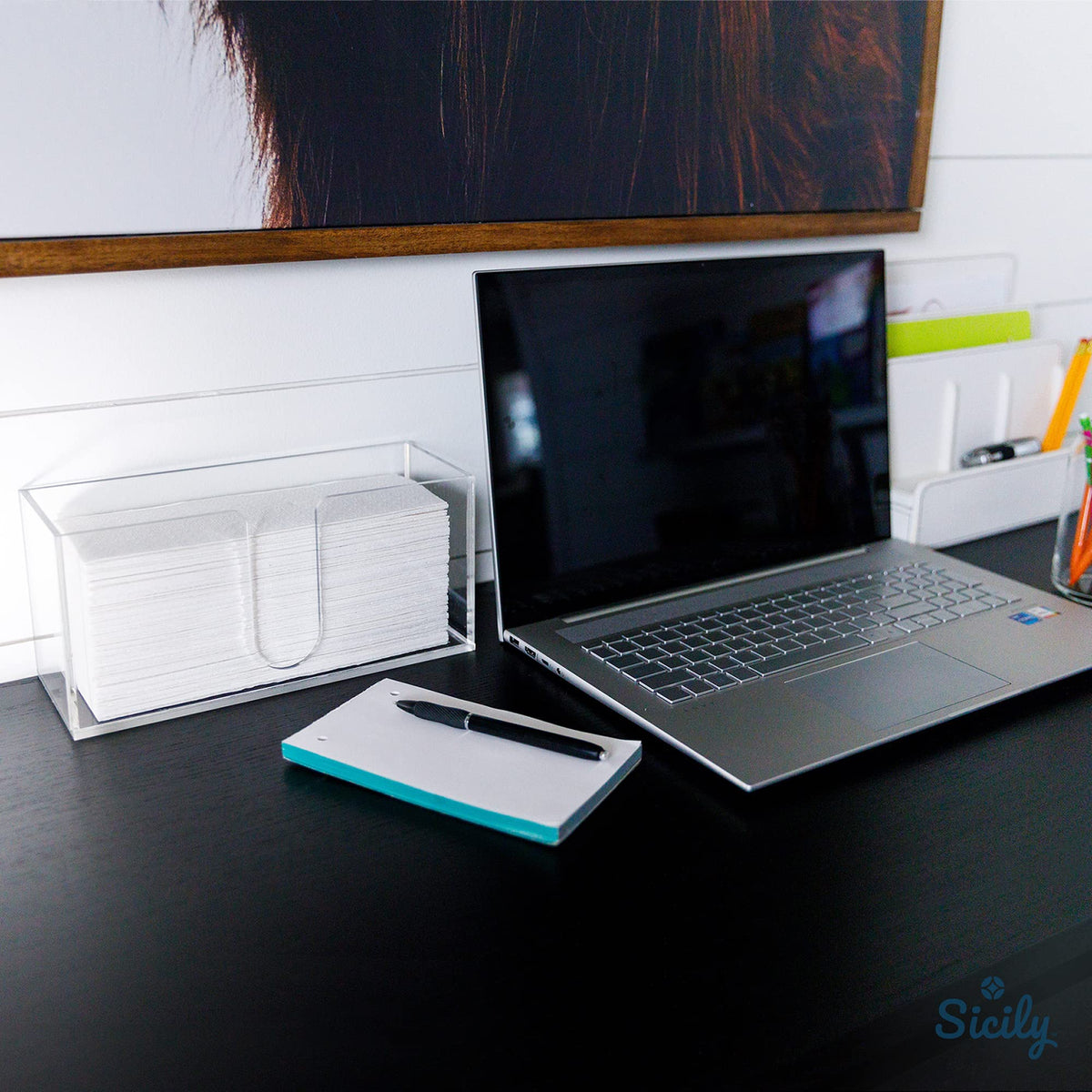 Countertop setup featuring Sicily paper towel holder with towels ready to dispense