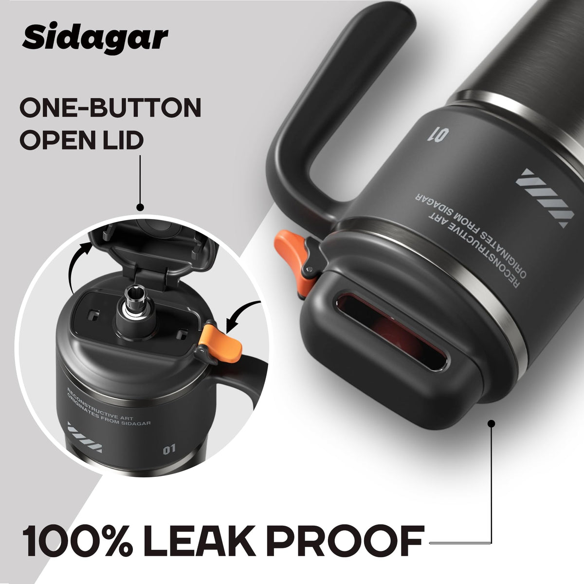 Sidagar push-button lid close-up in black, convenient one-handed access.