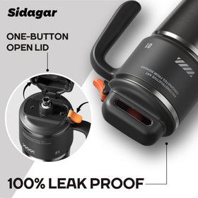 Sidagar push-button lid close-up in black, convenient one-handed access.
