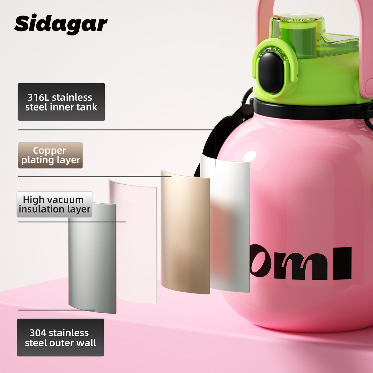 Sidagar women-friendly large-capacity bottle for workouts and travel.