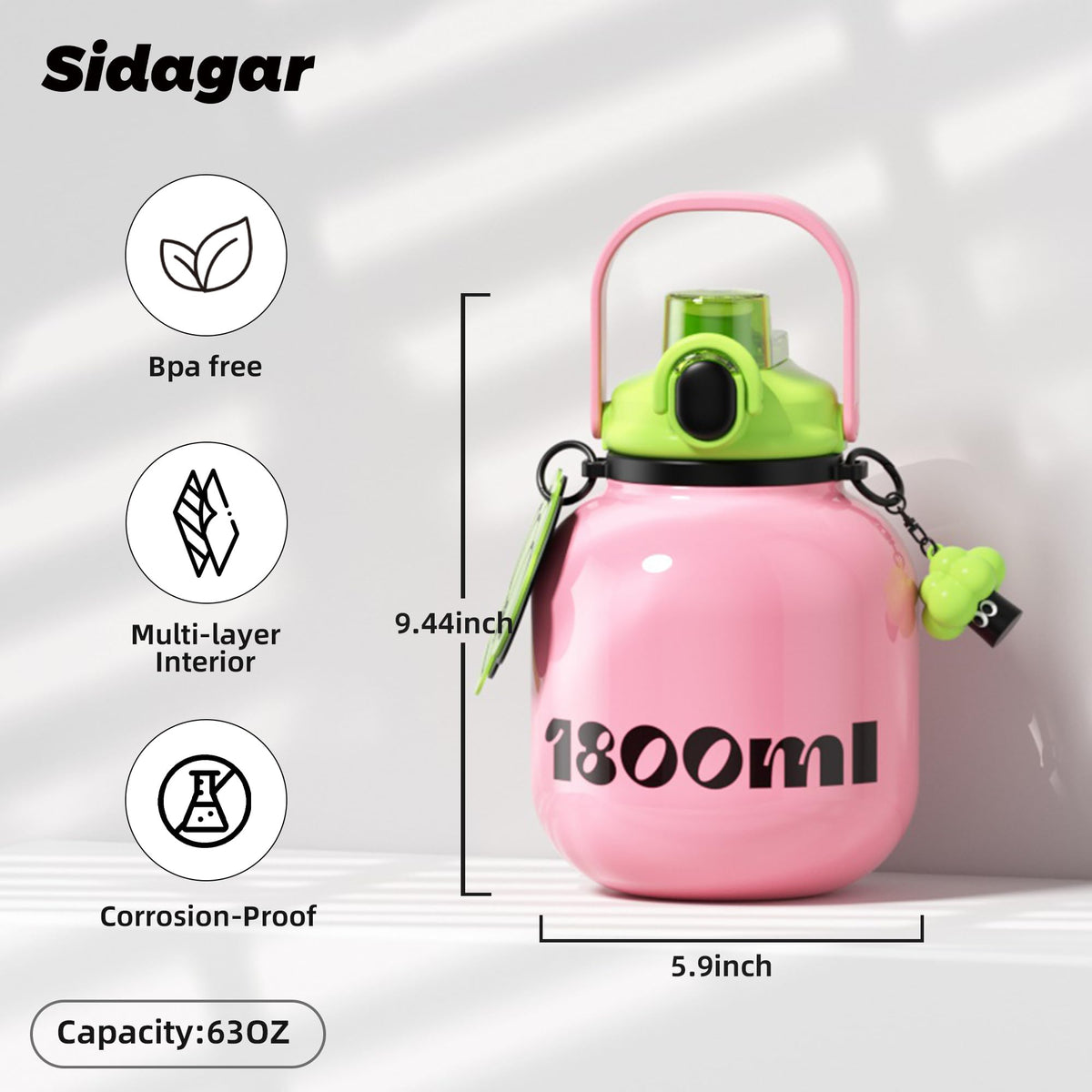 Sidagar bottle with straw and carry handle for easy transport.
