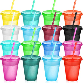Sieral 15-pack cups with lids and straws in vibrant colors for easy party prep.