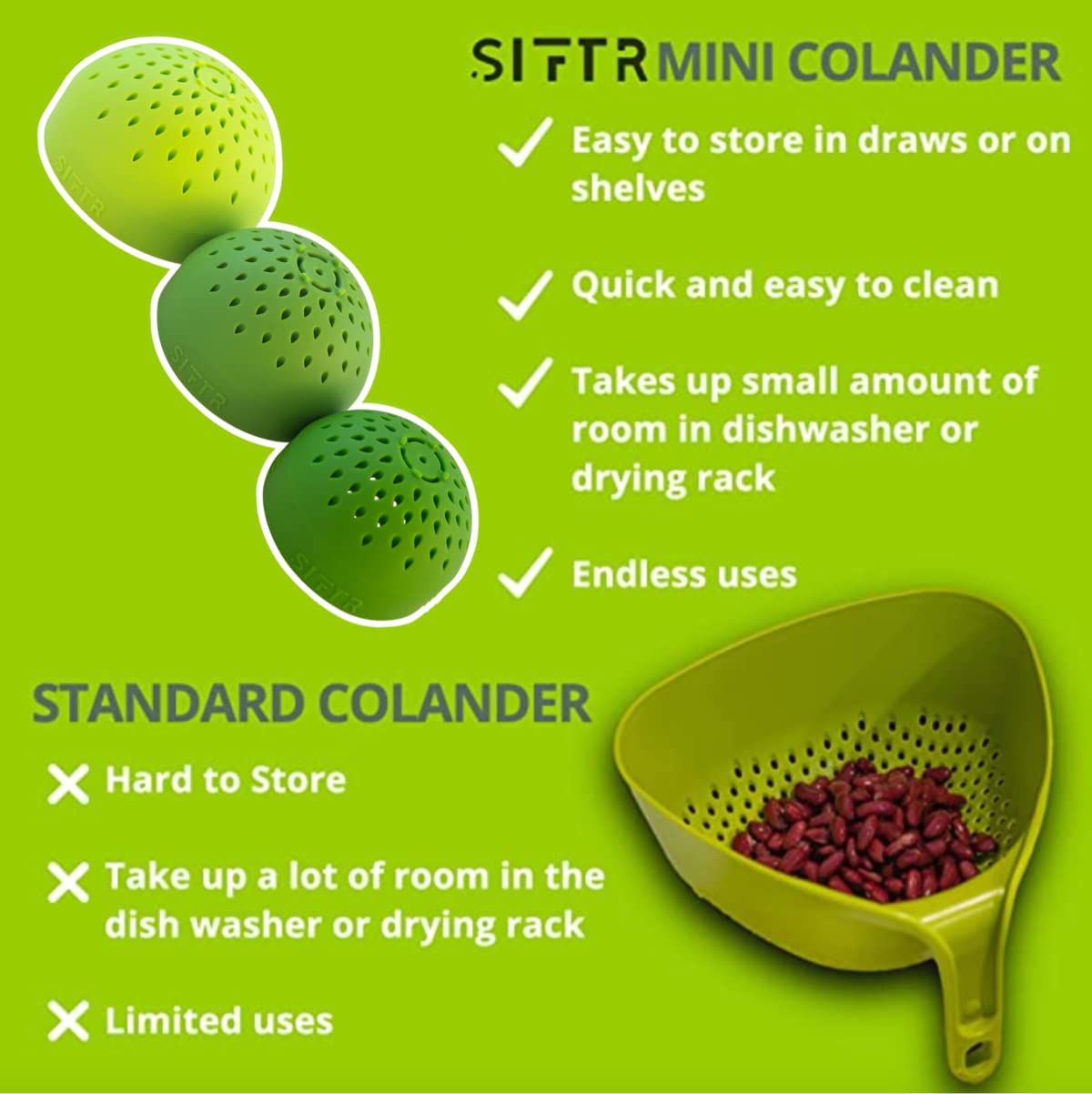SIFTR Blue silicone flexible design enables easy draining and storage.