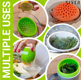 SIFTR Blue tea strainer and herb infuser for cooking.