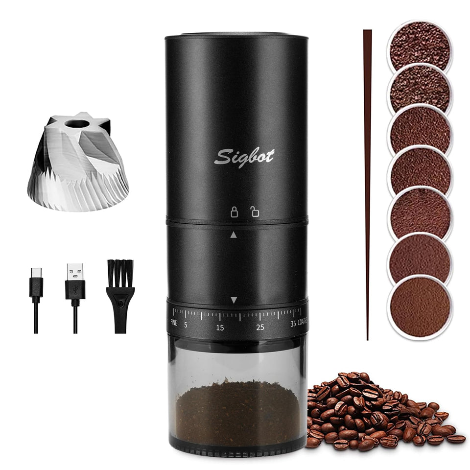 SIGBOT portable grinder with conical burrs for even, flavorful grinds on the go