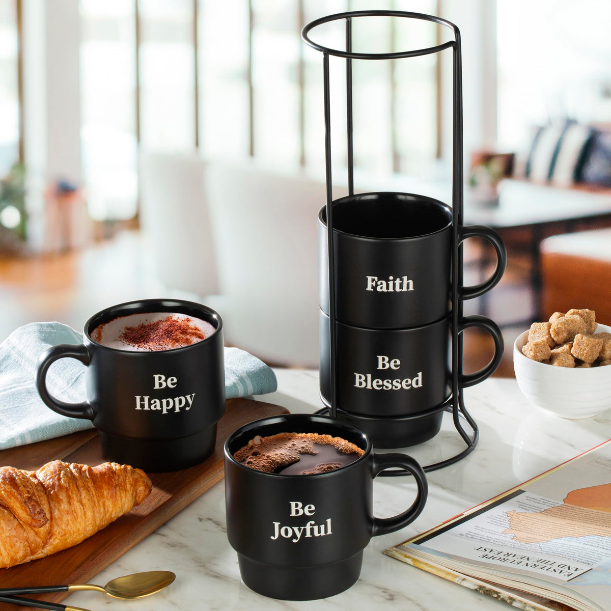 Signature Housewares 15oz mugs in stand ready for daily coffee or tea.
