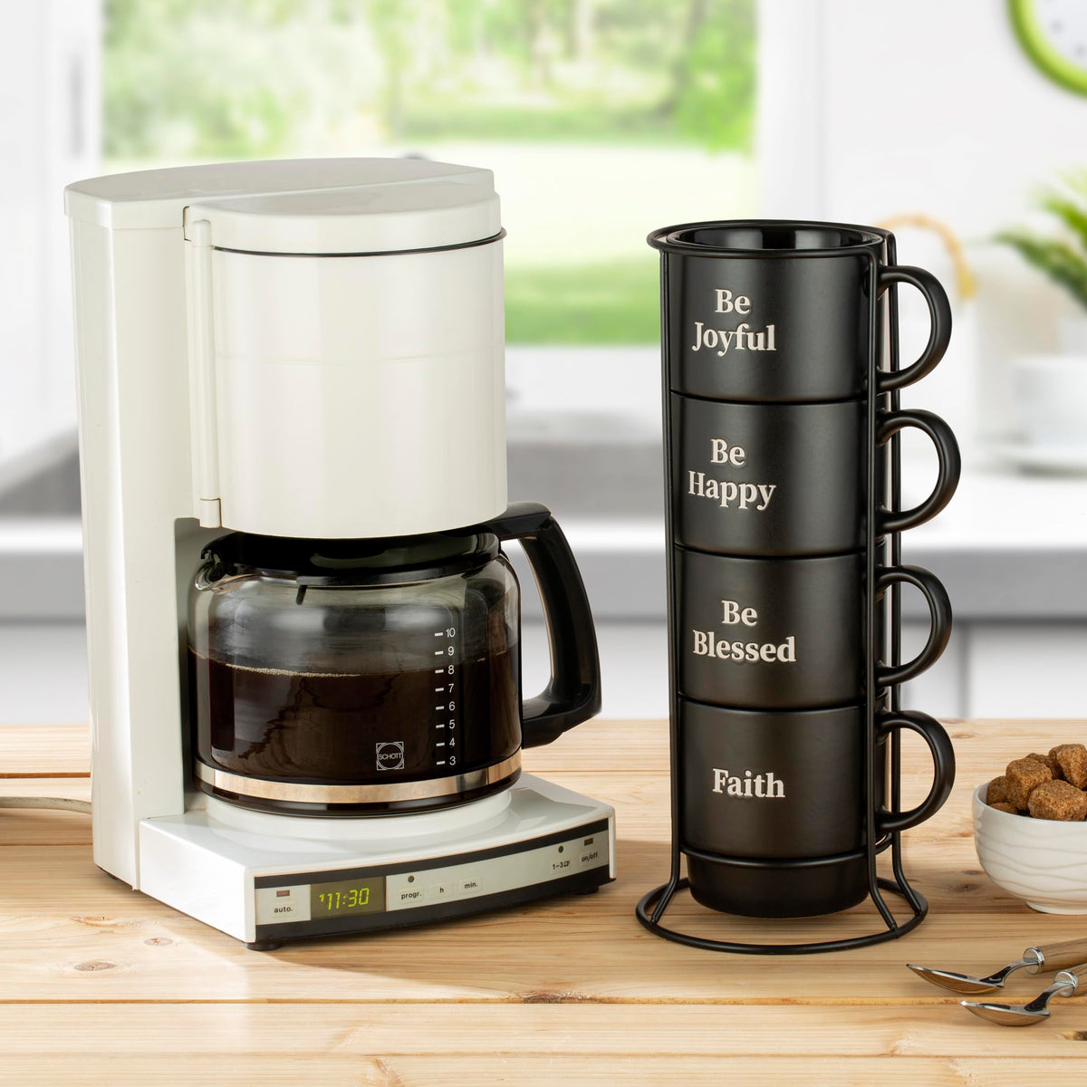 Signature Housewares Be Happy engraved mugs showcase positive messages.